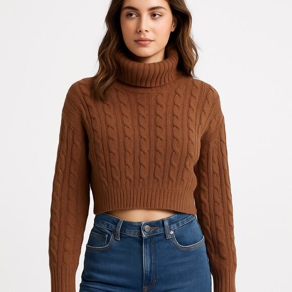 Ambiance Apparel Sweaters - Ambiance Apparel Brown Cable Knit Cropped Turtleneck Sweater | Women’s M
